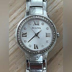 Bulova Ladies Watch Crystal Embellishments Pearl Dial Crystal Markers
